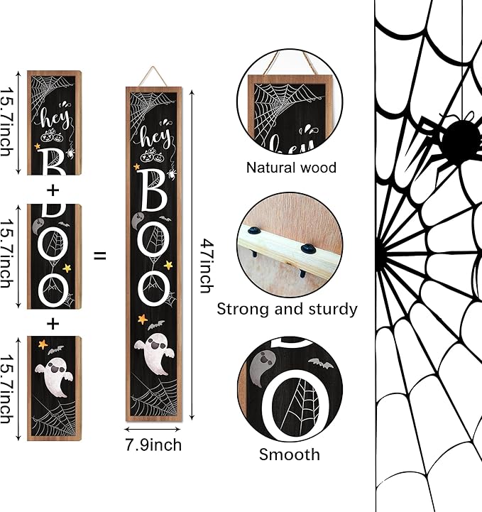 Halloween Welcome Sign for Front Porch Standing, BOO Wooden Porch Sign for Door Decorations, Farmhouse Hanging Wall Sign for Halloween Happy Outdoor Garden Decor 47.2"H - Black