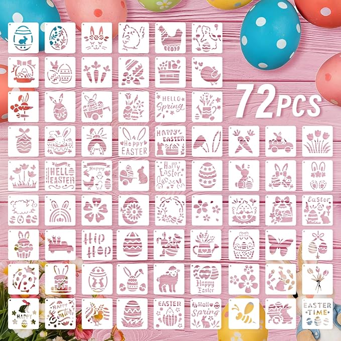 72 Pcs Easter Day Stencils for Painting Set, Reusable Eggs Rabbit Carrot Cute Painting Templates - Stencil Crafts Drawing Templates for DIY Scrapbook, Home Wall Murals, Canvas Wood Signs