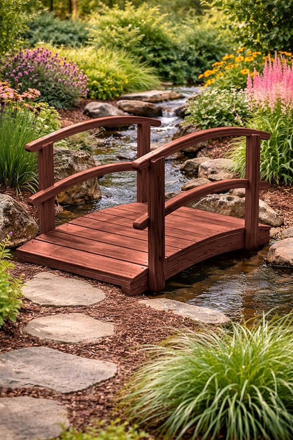 4 FT MAHOGANY Amish Made Garden Bridge with DOUBLE RAILS for Walkway, Backyard Pond & Landscaping, Outdoor Wooden Footbridge for Koi Pond, Japanese Style Decorative Bridge, Made in USA