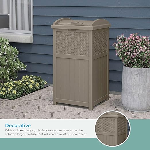 Suncast Hideaway Outdoor Trash Can with Lid - 30 Gallon Trash Can, Dark Taupe, Decorative Wicker-Style Garbage Bin, Weather-Resistant Resin, Fits 30-33 Gallon Bags, Ideal for Patio & Yard, Made in USA