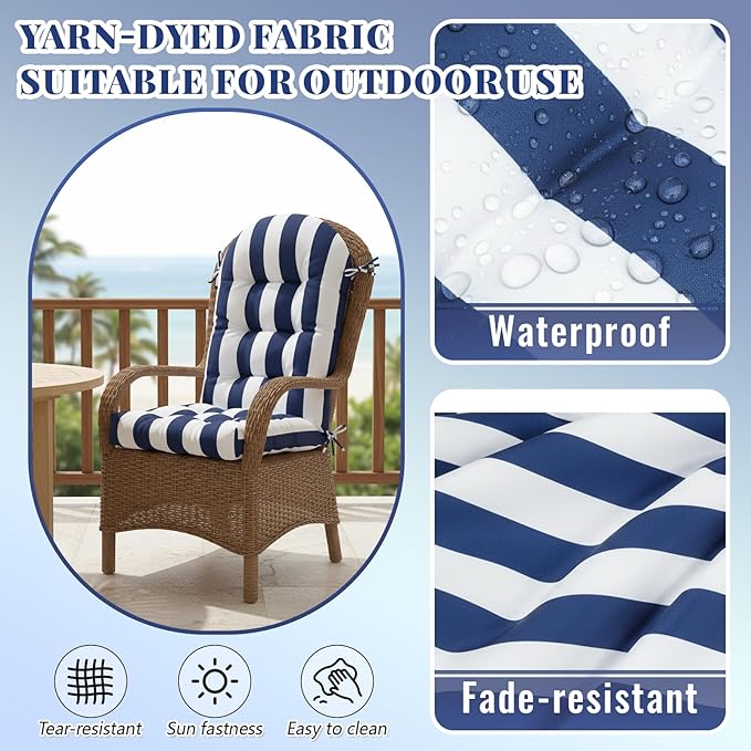 Geelin 4 Pcs Adirondack Chair Cushion High Back Patio Rocking Chair Cushion 44 x 19 x 4 Inch Tufted Weather Resistant Fade Resistant Seat for Patio Rocking Seat (Blue and White)