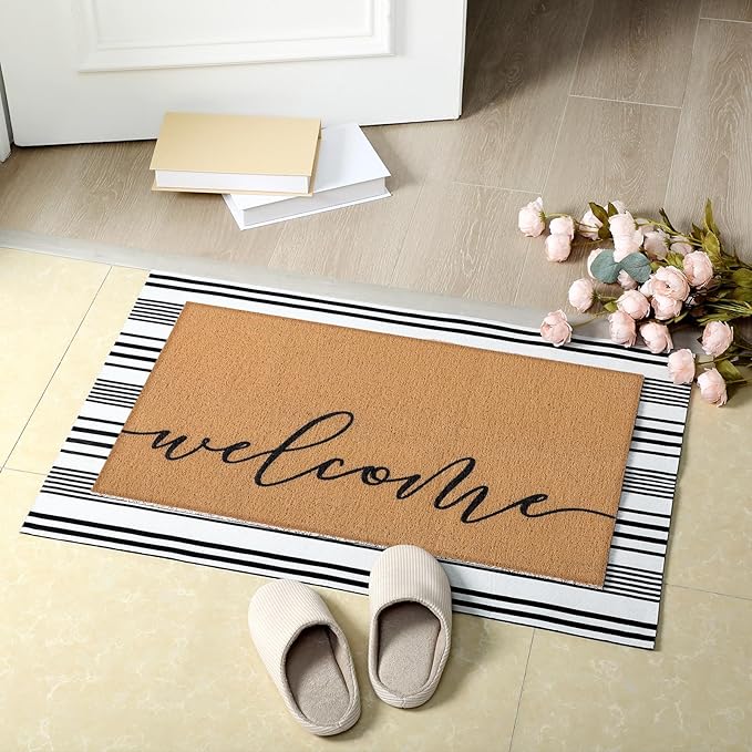 Tinideya 2 Pcs Summer Door Mat Non Slip Wildflower Coastal Hello Sunshine Sweet Home Ocean Pet Welcome Floor Doormat Buffalo Plaid Checked Stripe Mat Seasonal for Front Porch Entryway(Welcome)
