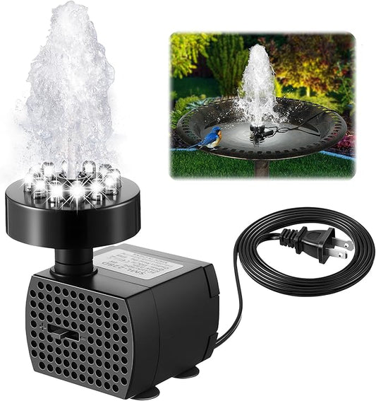 Bird Bath Fountains with 12 LED Lights, 24 Hour Working Fountain Pump with Light, Adjustable Watering Submersible Pump for Outdoor Water Garden, Pond(Cool White)