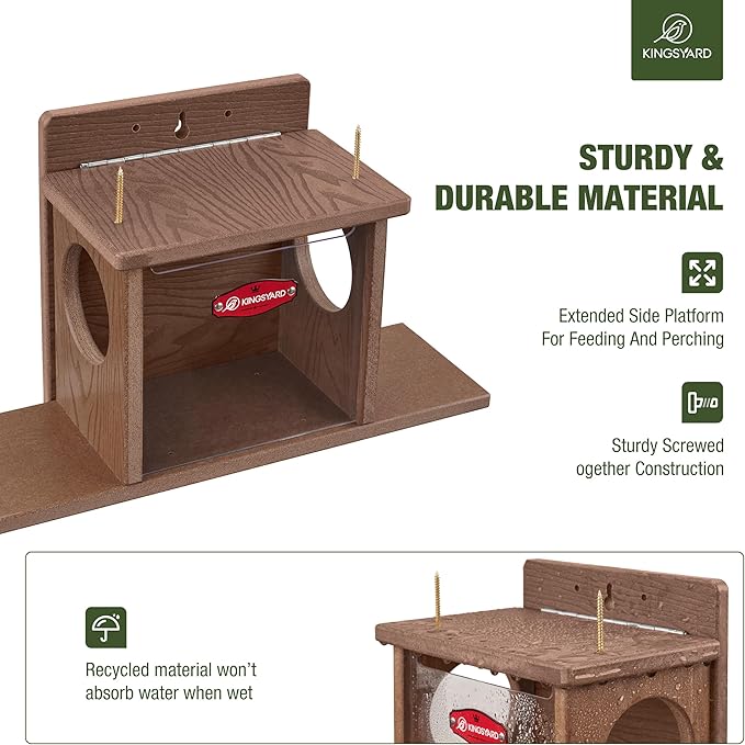 Kingsyard Squirrel Feeder Box for Outside, Recycled Plastic Squirrel Feeder Box with Corn Cob Holders, Easy to Refill & Clean, Weather-Proof (Brown)