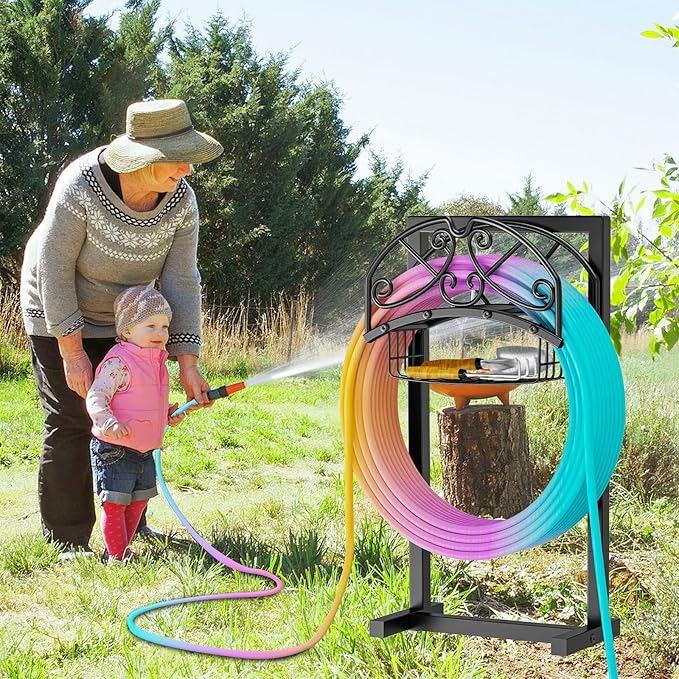 Garden Hose Holder, Freestanding Water Hose Holder with Storage Basket, Heavy Duty Metal Hose Stand Sturdy Hose Hanger, Detachable Hose Storage Rack for Outside Yard Lawn