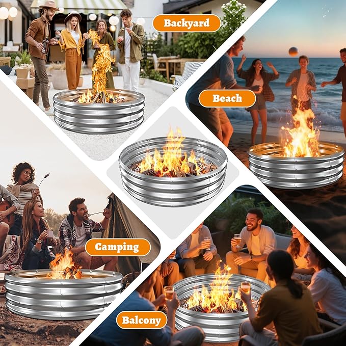 Metal Fire Pit Ring/Bonfire Fire Ring- 4 FT Diameter, 0.8 MM Thick,1 ft High, Durable and Stylish for Outdoor Fire Pits,Patios and Camping (Silver, 4X4X1 ft)