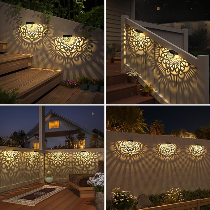 6 Pack Solar Fence Lights Outdoor Wall Lights Plastic Solar Powered Deck Step Stair Lights Moon Theme Waterproof Fence Solar Light for Garden Post Patio Backyard Yard Decor (Black, 6 Pack)