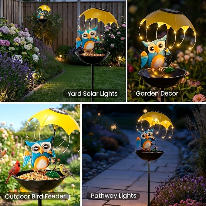 Solar Bird Feeders for Outdoors, Owl Garden Decor with LED Lights - Decorative Wildbird Cardinals Hummingbirds Feeders, Spring-Ready Yard Path Lawn Omaments, Garden Gifts for Women Mom