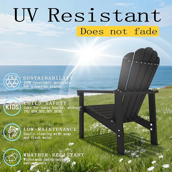 Stackable Adirondack Chair Set of 8, HDPE All-Weather Adirondack Chairs - Durable and Space Saving, Plastic Outdoor Fire Pit Chairs with Cup Holder,Black