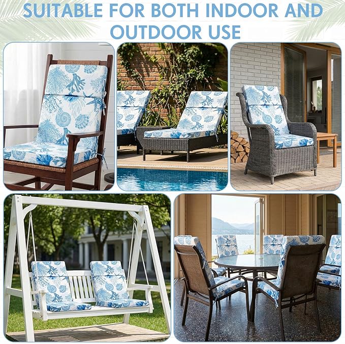 4 Pack Outdoor High Back Chair Cushion, 44 x 20 inches Patio Chair Cushions Waterproof Rocking Cushions Indoor Furniture Seat Pad, Weather Resistant (Ocean,Blue)