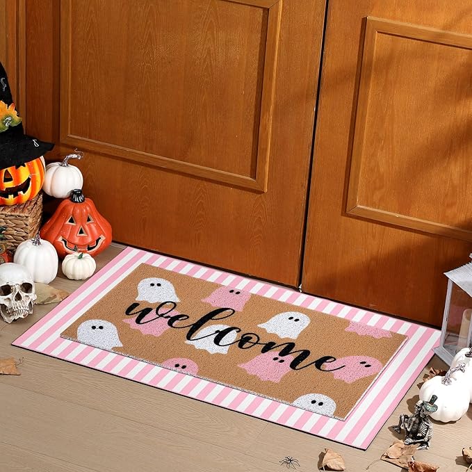Tinideya 2 Pcs Halloween Door Mat Ghost Welcome Non Slip Coir Mats Pink White Stripe Floor Layering Doormats Seasonal for Front Porch Entryway Decor(Pink White Ghost)