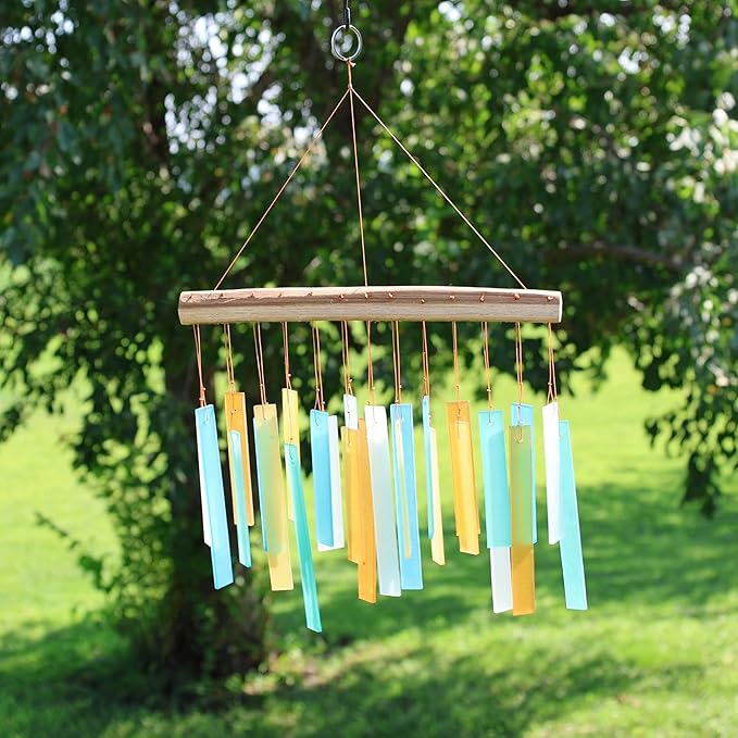 Blue Handworks Caribbean Beach Glass and Driftwood Chime - Sandblasted Glass and Found Wood Hand Crafted Wind Chime