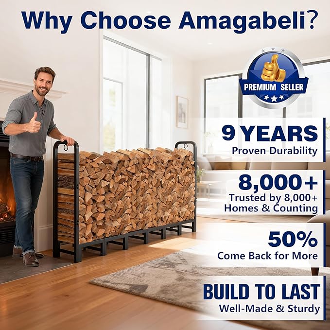 Amagabeli 8ft Firewood Log Rack Outdoor Heavy Duty Logs Holder for Fireplace Indoor Outdoor Adjustable Wood Racks for Fire Wood Holder Metal Pile Stand Storage Stacker Organizer Black
