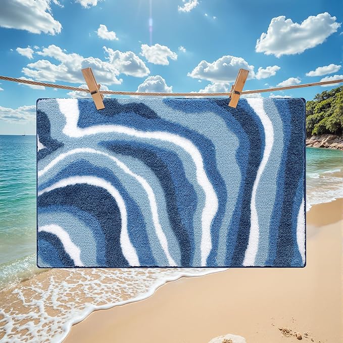 LUMI Absorbent Bathroom Rug Non Slip Rubber Backing, Machine Washable Wave Bath Mat Soft Premium Microfiber, Beach Bath Rugs Quick Dry for Bathtub and Shower Floor, 20"x32"