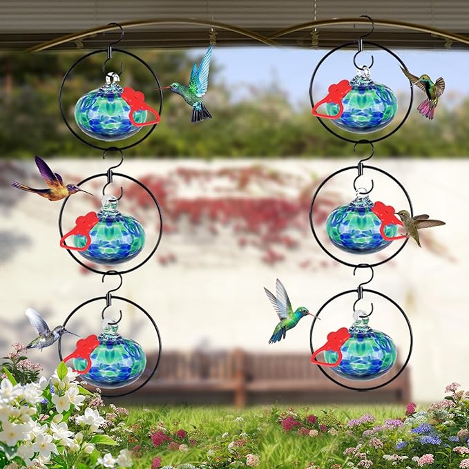 6 Pack Circular Hummingbird feeders for Outdoors Hanging,Hand Blown Glass Hummingbird Feeder with 6 Adjustable Silicone Perch,Never Leak,Gardening Gifts for Woman Man(Blue)