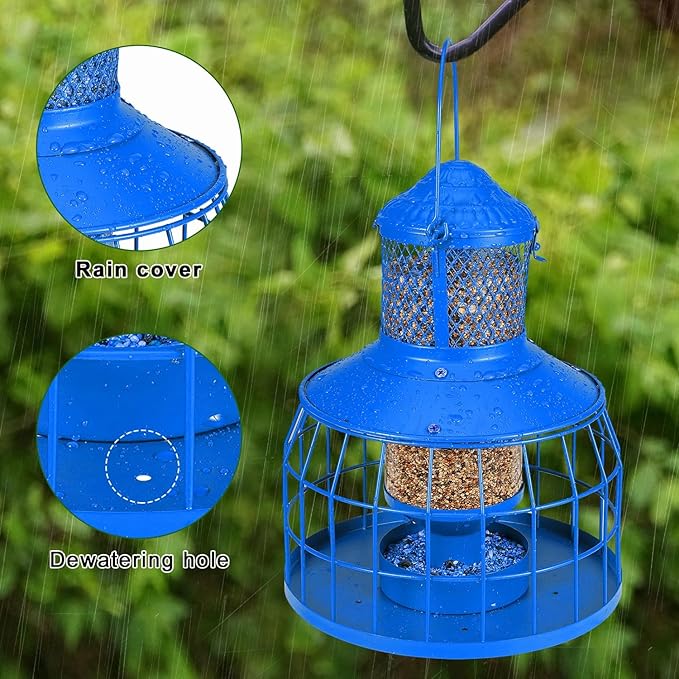 Squirrel Proof Bird Feeders, Metal Wild Bird Feeders for Outdoors Hanging, 3.5LB Heavy Duty Caged Squirrel Proof Bird Feeders, Chew-Proof, Weather Resistant, Patio Backyard Garden Decor (Blue)