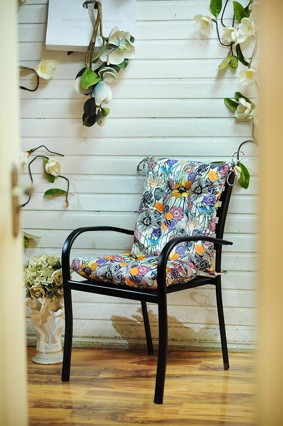 Patio Cushion, Rocking Chair Cushion, Tufted Pads, Set of Upper and Lower with Ties Pack of 2 (2 Sets) - Back 19"×16.5", Seat 16.5"×16.5" (Black Purple Flowers)