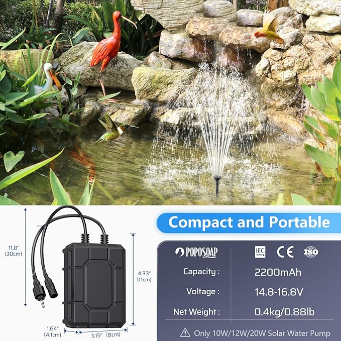 POPOSOAP 2200mAh Battery Backup for Solar Fountain Pump, 14.8V-16.8V Battery Backup Solar Water Pump for 12W/20W Solar Water Fountain Kit