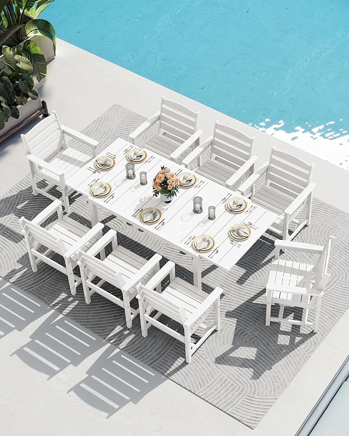SERWALL 9-Piece Outdoor Dining Set, 60" - 83" Expandable Outdoor Dining Table and 8 HDPE Chairs, All Weather HDPE Outdoor Furniture Set for Backyard, Garden, White