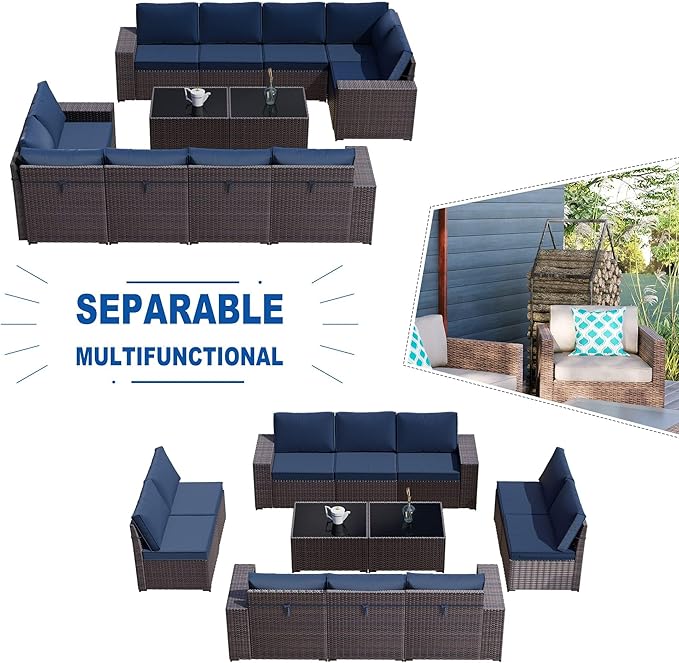 Kullavik 12PCS Outdoor Patio Furniture Set PE Wicker Rattan Sectional Sofa Patio Conversation Sets,Navy Blue