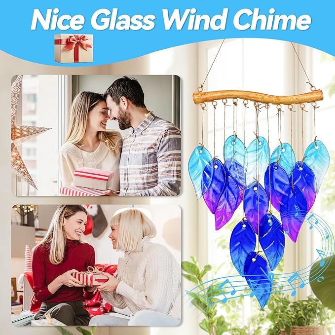 Sea Glass Wind Chime, Leaf Shape Glass Windchime for Outside, Indoor Outdoor Decor for Patio Garden Yard, Nice Gifts for Mom & Women, Memorial Sympathy Gift for Home