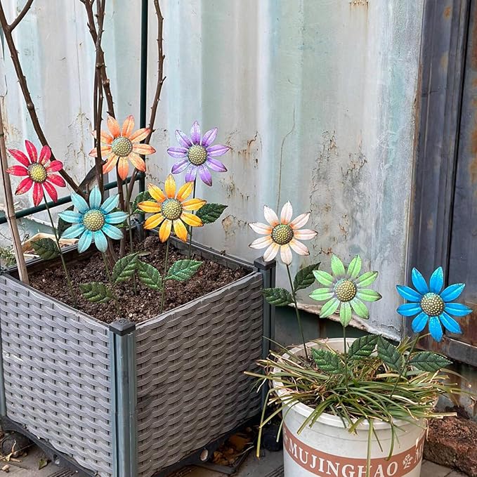 Metal Flowers for Outside,8 Pack 16.15" Decorative Garden Stakes with Swaying Flowers Head Yard Art,Spring Garden Decor for Lawn, Pathway & Garden