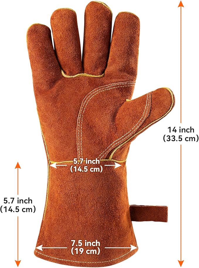 OZERO Welding Gloves for Men, 14-Inch Cowhide Leather Heat Resistant Work Gloves, EN388 EN407 EN12477 Type A Certified, Reinforced Palm, Insulated Lining, Long Cuff for BBQ Grill Oven, Brown