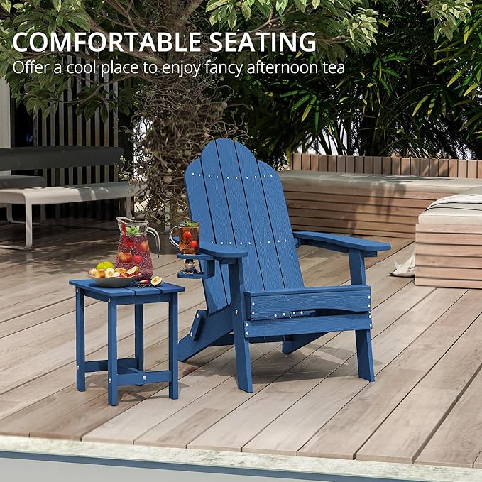 LUE BONA Folding Adirondack Chair Set of 2, Navy Blue HDPS Weather Resistant Outdoor Chair with Cup Holder for Lake House Poolside