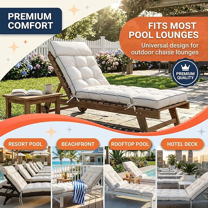 MAGIC ELEPHANT Chaise Lounge Cushion Outdoor, Memory Foam Patio Lounge Chair Cushion with Ties for Indoor Outdoor Furniture, Water-Repellent Replacement Long Chair Cushion (Antique White)