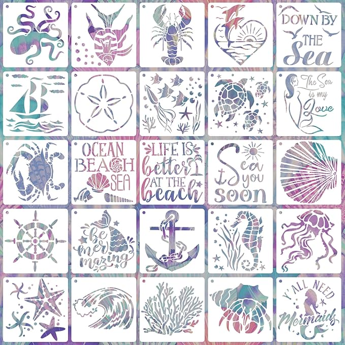 25 PCS Sea Ocean Creatures Stencils Reusable Sea Animal Templates for Painting, Mermaid Stencils for Scrapbooking Drawing Wood Wall Floor Furniture Rock Decor DIY Crafts Projects 5 x 5 Inch
