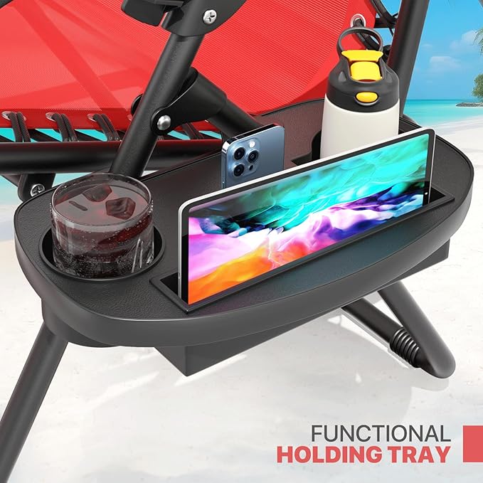 Magshion Zero Gravity Lounge Chair, Adjustable Folding Recliner with Cup Holder Side Tray & Removable Headrest Pillow, Portable Outdoor Patio Lounger for Camping, Beach, Lawn, Backyard, Red