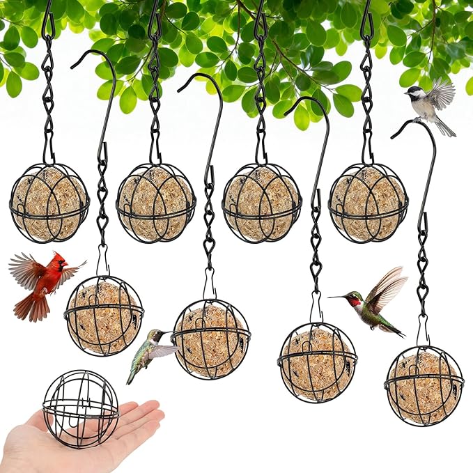 8 Pcs Black Metal Hummingbird Feeders - Squirrel Proof Round Suet Ball Feeders for Outdoor Hanging, Bird Watching Gifts for Wild Birds Garden Window