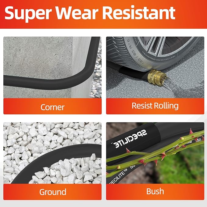 SPECILITE Garden Water Hose 100 ft x 5/8 in Heavy Duty, Flexible and Lightweight, Burst 600 psi, Kink-less Hybrid Rubber Pipe for Backyard, 3/4'' Brass Fittings, Black