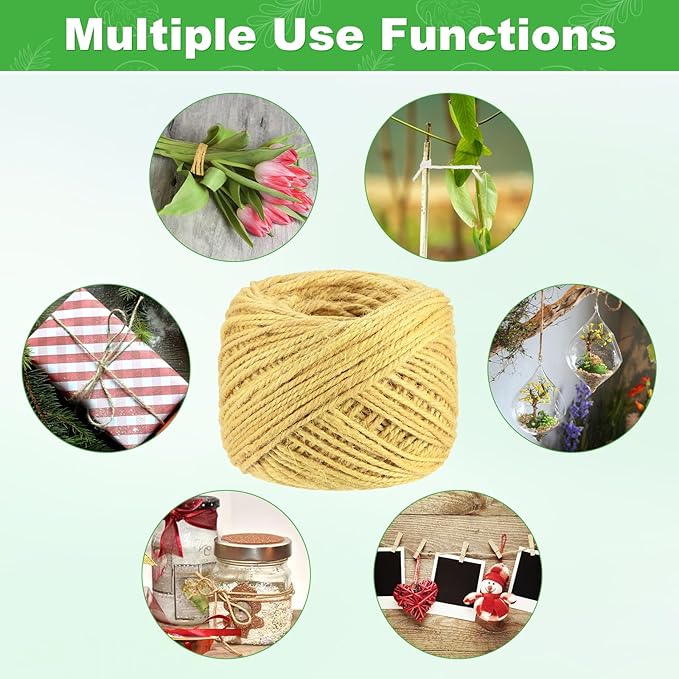 1-Pack Natural Jute Twine String, 3mm x 328ft/100m Long Garden Twine Balls for Crafts/Gift Wrapping/Gardening Plants, Durable Plant Ties Thick Rope [Light Yellow]