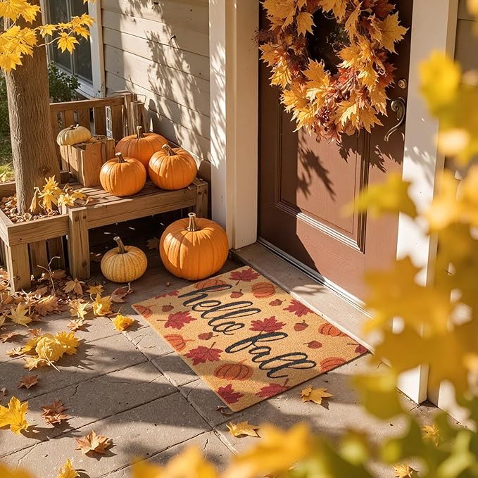 Hello Fall Pumpkin Door Mat Autumn Welcome Mat for Front Door Outdoor Entrance Doormat Coir Dirt Trapper with Non Slip Backing,17x30, Maple Leaves