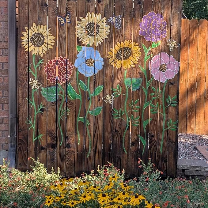 12PCS Large Flower Stencils for Painting on Wood 12 x 12 Inch Giant Wall Stencil with Brushes Large Pattern Floral Stencils Sunflower Paint Stencil for Walls Garden Fence Furniture Fabric