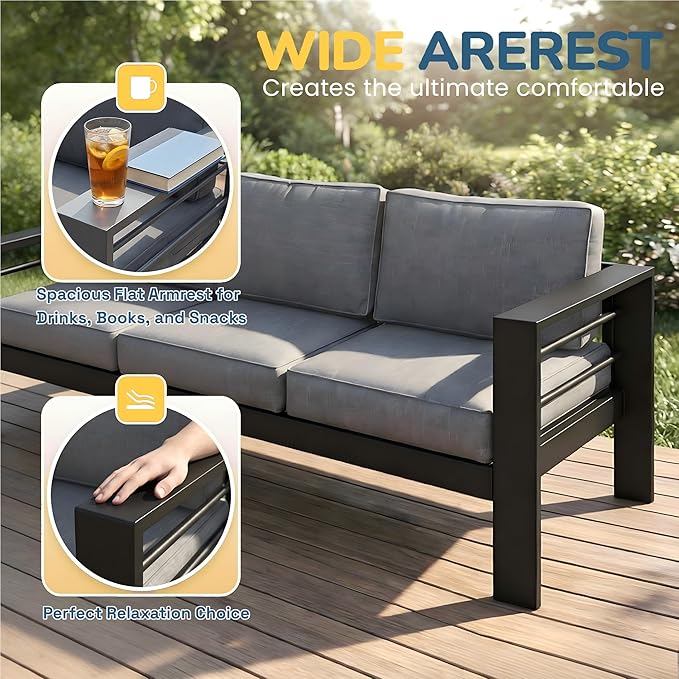 Solaste Aluminum Patio Furniture Set for All Weather, Oversized Outdoor Furniture Set with 27.5" Deep Seating and 3.2" Wide Armrest, Outdoor Patio Conversation Sets with 5" Cushion,Black and Grey