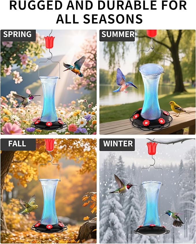 Hanging 20oz Glass Hummingbird Feeder with Moat, Small Outdoor Plastic Bird Feeder, Squirrel Proof, Ants, Outside Water Dispenser for Garden (Blue Glass Bird Feeder-2)