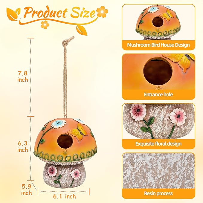 Solar Birdhouse for Outdoor Hanging, Mushroom Bird House with Lights Outside, Resin Garden Statue Decorative Nesting Box for Chick Blue Bird Hummingbird Woman Gifts for Yard Patio