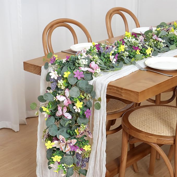 2 Pack 5.68 FT Artificial Daisy Garland with 3D Butterfly, Hanging Fake Flowers Greenery Eucalyptus Garland Floral Vines for Wedding Table Home Room Sping Decor