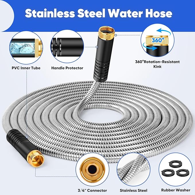 Garden Hose 50 ft, Stainless Steel Metal Hose, Flexible Water Hose with 10 Function Nozzl, Kink Free, Leak-Proof, Heavy Duty Hose for Yard, Outdoor, Lawn, RV, Car Wash and Camper Use