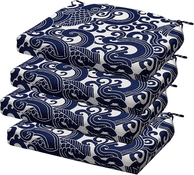 Outdoor Chair Cushions Set of 4, 17 x 16 Inch Patio Chair Cushions, Water Resistant, Non-Slip Ties (Blue Carp)