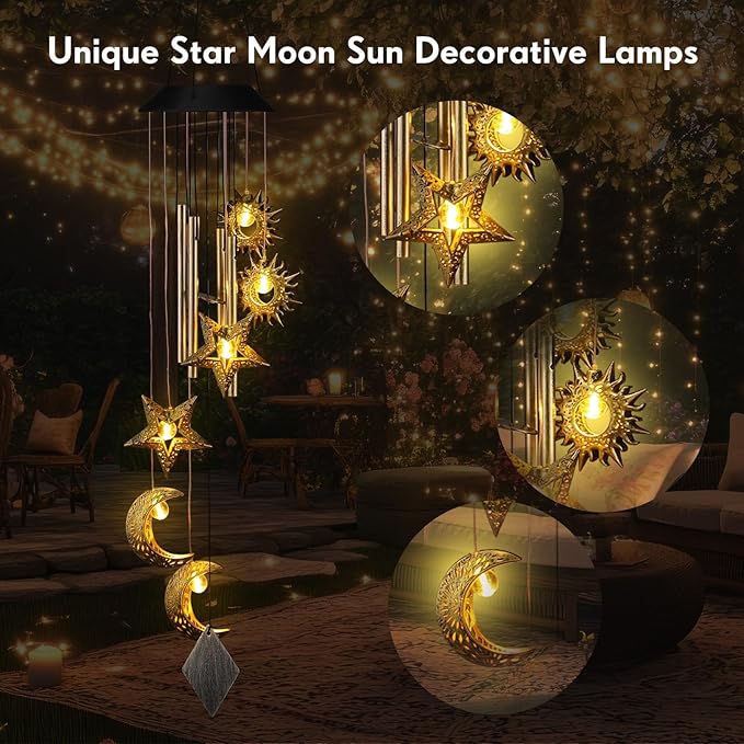 Solar Wind Chimes for Outside Waterproof Hanging Wind Chimes Lights Outdoor Decor Yard Garden Gifts for Mother Mom Grandma Wife Neighbors(Sun Moon Star,Warm Colored Lights)