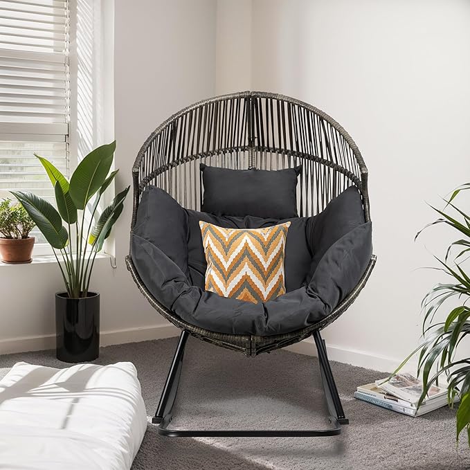 JAMFLY Egg Chair Rocking Chairs, Wicker Patio Chair Oversized Lounger Chair with Cushion for Indoor Living Room Bedroom Outdoor Patio Backyard Balcony Garden, Dark Gray