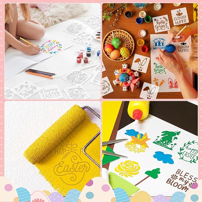 Marspark 72 Pcs Spring Easter Small Stencils for Crafts Reusable 3 Inch Stencils for Painting on Wood DIY Craft Paint Template for Wall Home Decor Card Rock Canvas Drawing Holiday (Bunny Egg)