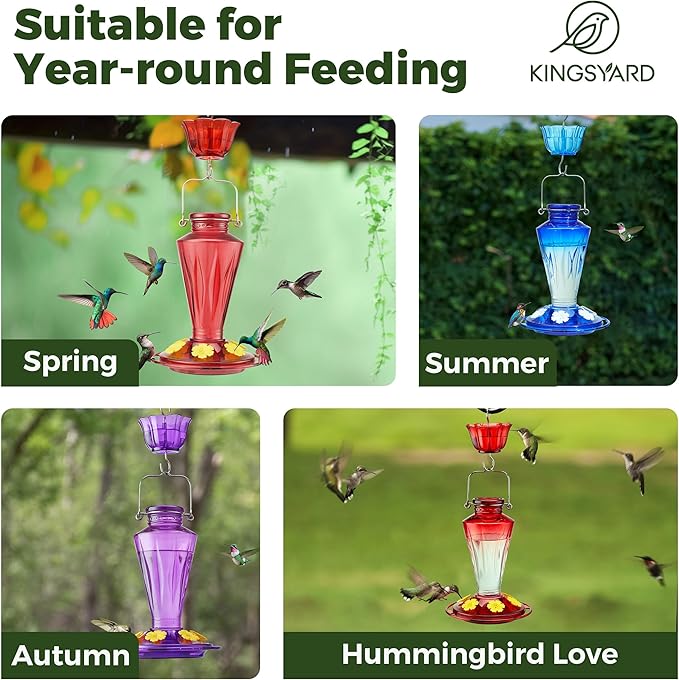 Kingsyard Glass Hummingbird Feeders for Outdoors Hanging Ant & Bee Proof, 16 Ounces Bird Nectar Feeder 6 Flower Feeding Ports, Leak Proof, Easy to Refill & Clean, Ant Moat Included, Red Gradient