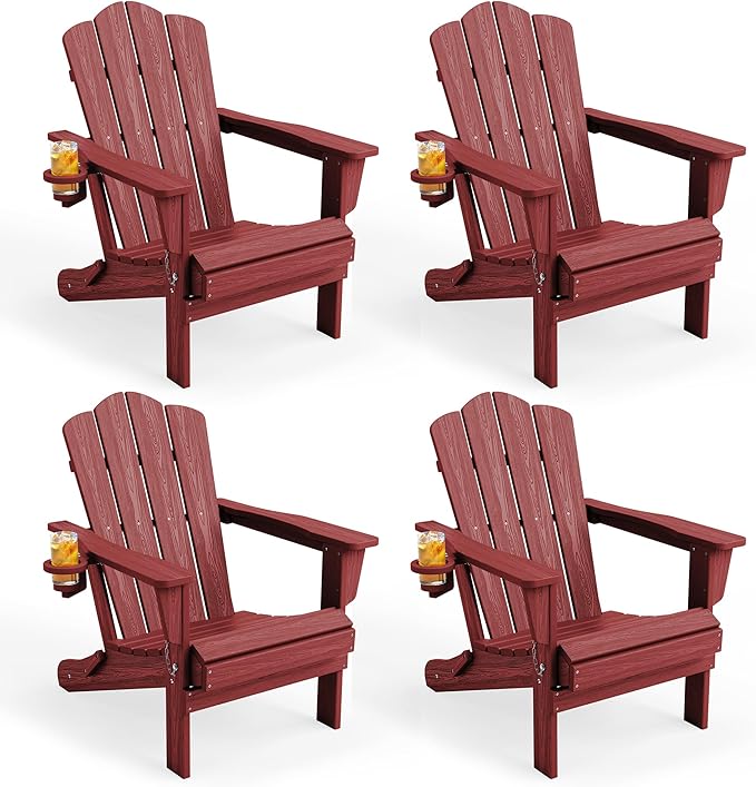 KINGYES Folding Adirondack Chair Set of 4, HDPE All-Weather Patio Chairs with Cup Holder, Wooden Textured Fire Pit Chairs for Poolside, Backyard, Deck, Red