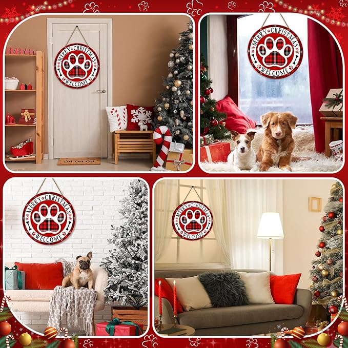 Christmas Dog Paw Welcome Door Sign for Front Door Decor, Pet Red Plaid Wooden Hanging Plaque Farmhouse Rustic Outdoor Indoor Wall Decoration for Home Porch Yard Winter