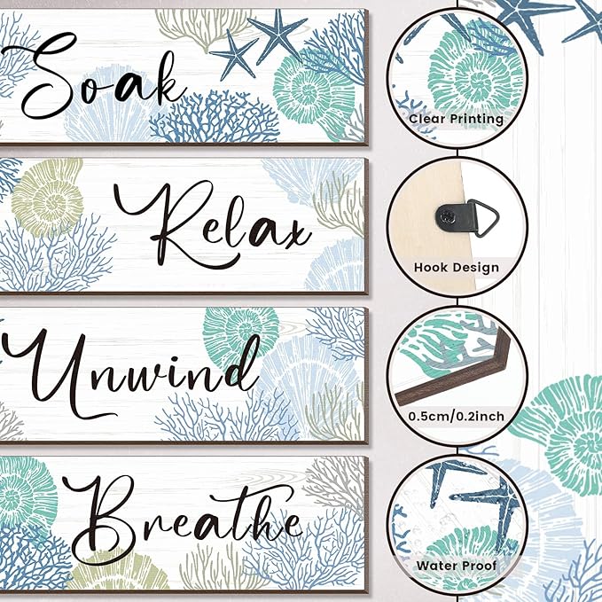 Pinkunn 4 Pcs 11 x 3.5 Inches Ocean Beach Bathroom Wall Decor Coastal Bathroom Decor Wood Relax Soak Unwind Breathe Wall Art Starfish Seashell Coral Nautical Art Rustic Farmhouse Wooden Signs