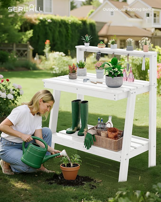 SERWALL Potting Bench Outdoor with Storage, 3-Tier HDPE Gardening Table with Angled Legs & Tool Hooks, All-Weather Heavy Duty Potting Table for Patio, Backyard, Garden,White